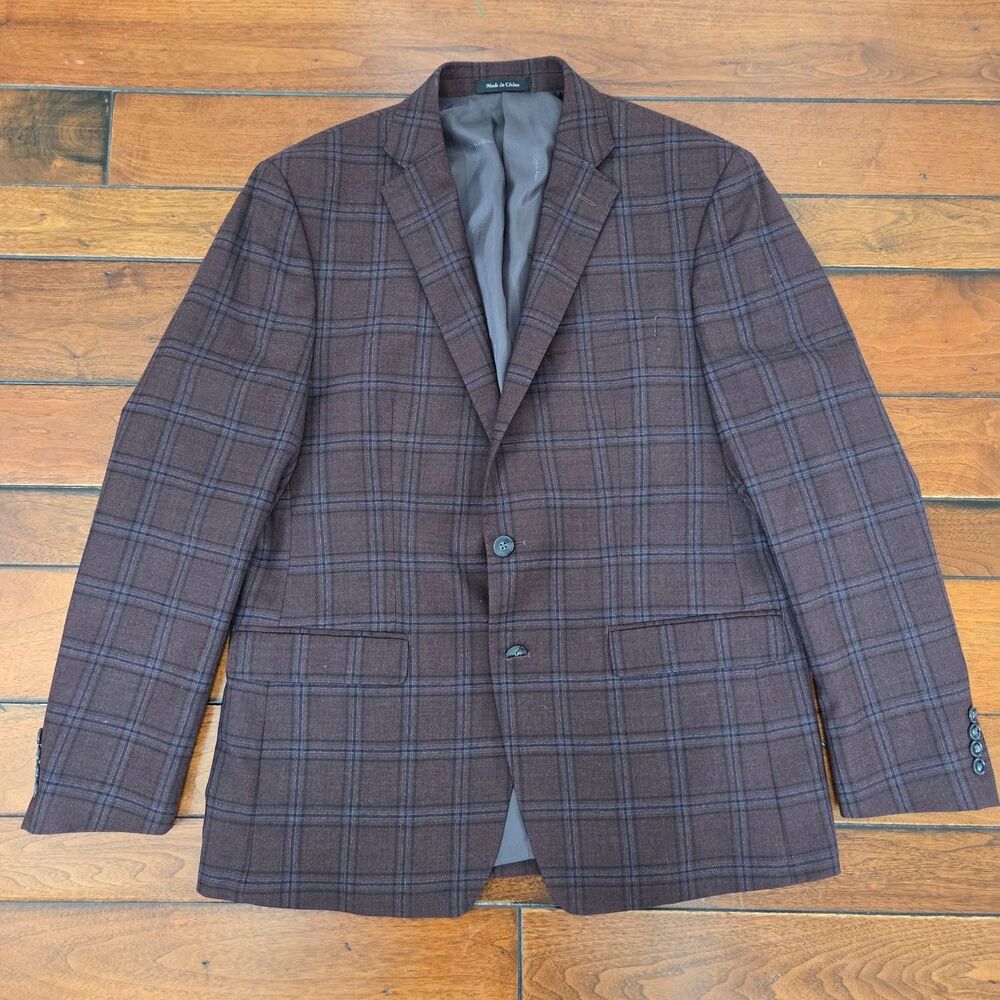Calvin Klein 100% Wool Stretch Sport Coat Blazer Mens 44R Burgundy Plaid